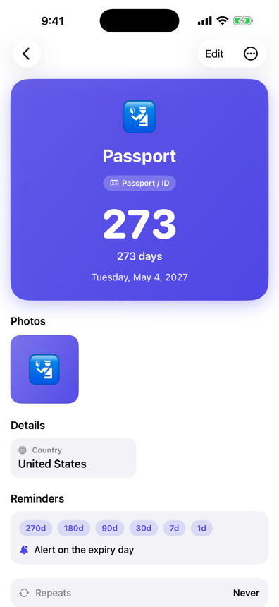 A passport in Runs Out: 273 days left, with reminders at 270, 180, 90, 30, 7 and 1 days