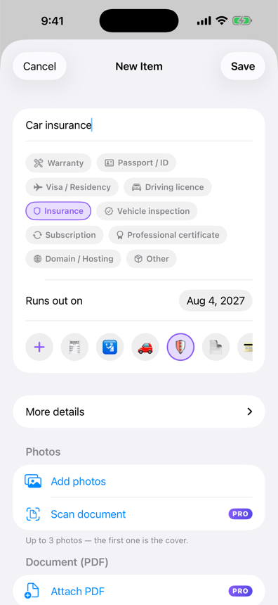 Adding an item: title, category chips, expiry date, emoji, photos and PDF