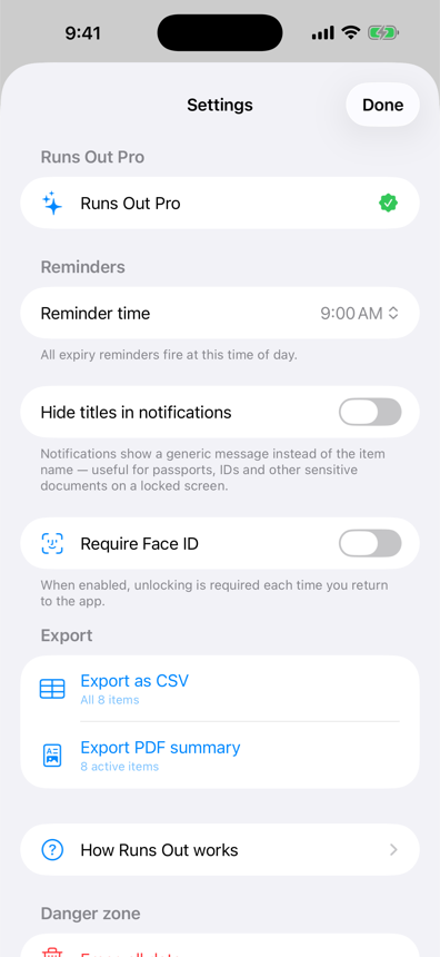 Runs Out settings: reminder time, hide titles in notifications, Face ID lock